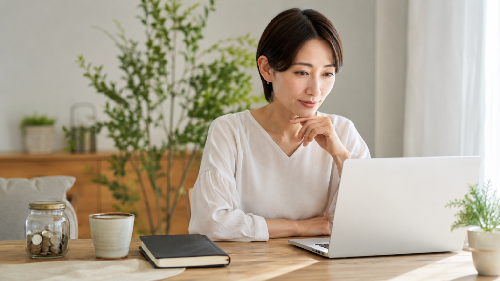 金運と仕事運の関係を考えながらパソコンを見る日本人女性