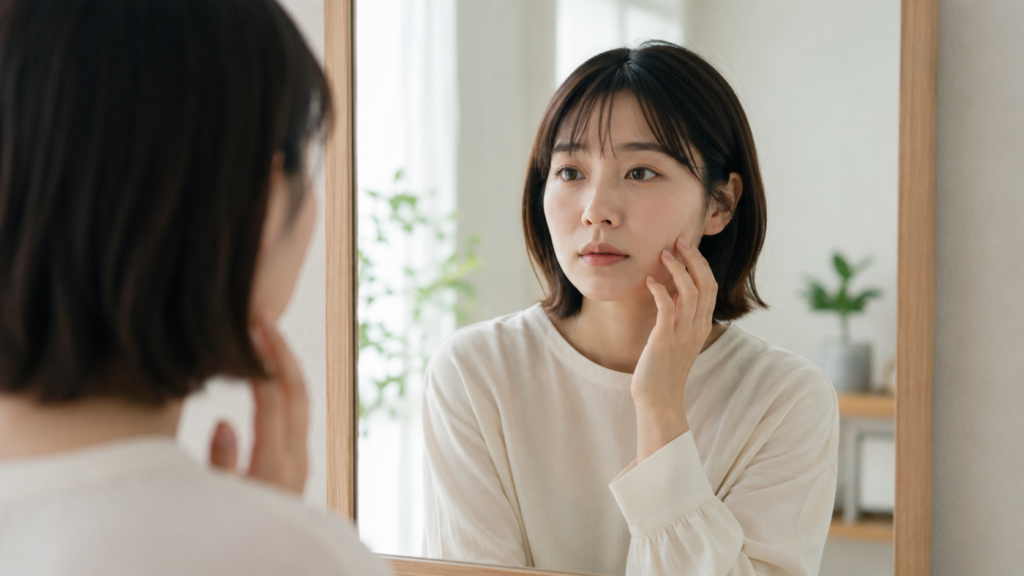 金運と顔つきの関係を気にして鏡を見る日本人女性