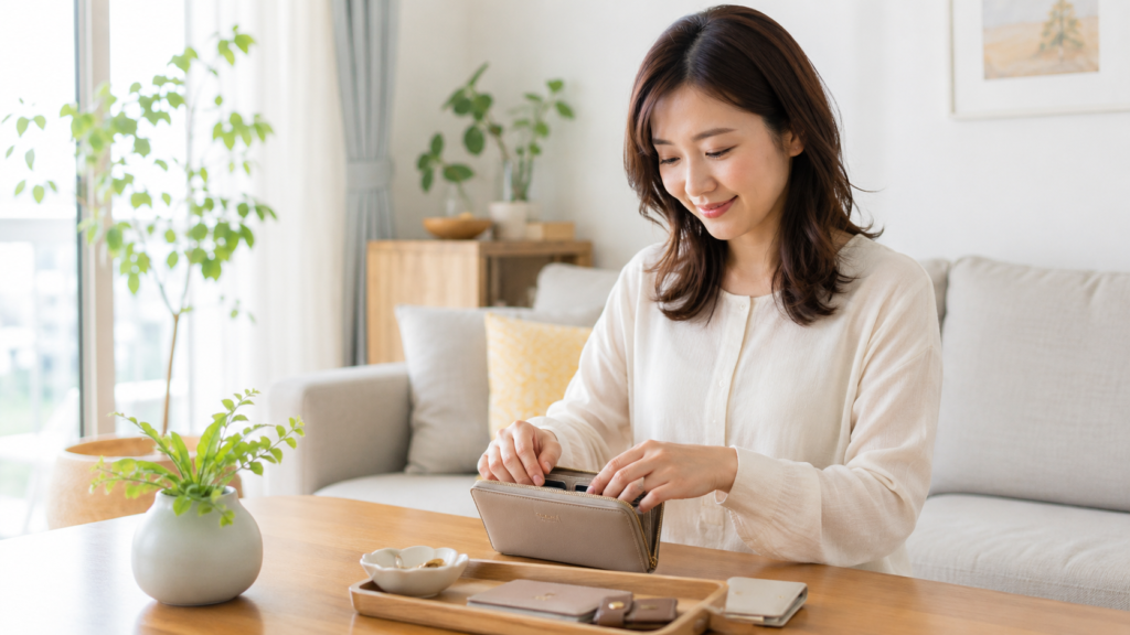 金運を上げる方法として財布の中身を整理する日本人女性