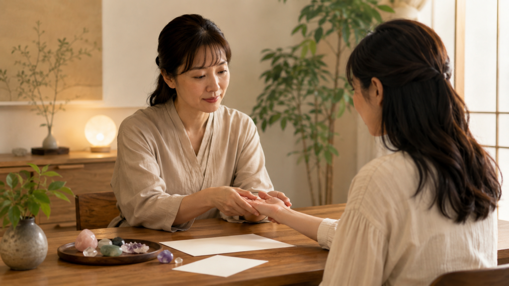 手相から金運や財運の傾向を鑑定する日本人女性占い師と相談者
