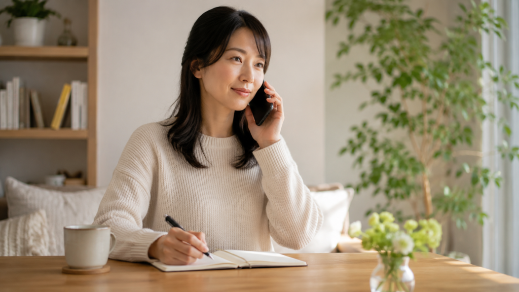 義母との人間関係を電話で相談しながら整理する日本人女性