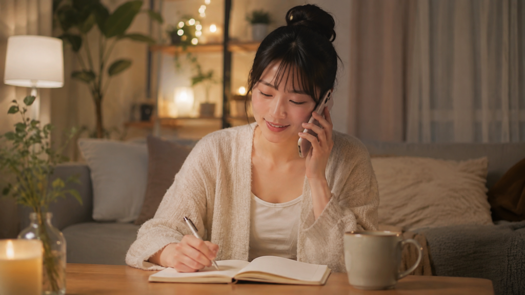 電話相談をしながら人生の悩みを整理する20代女性