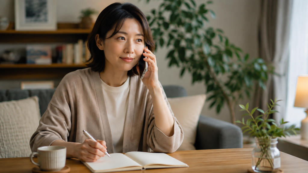恋愛や仕事の悩みを電話で相談しながら整理する日本人女性