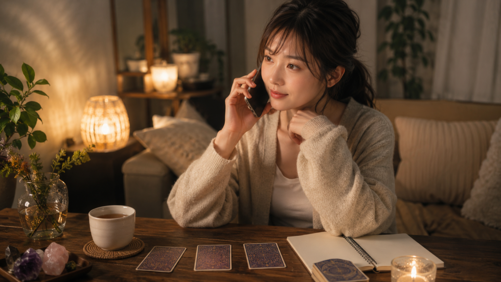 自宅から電話占いで金運について相談する日本人女性