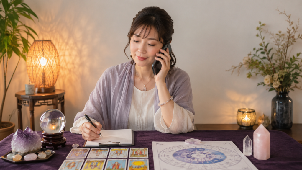 タロットカードを使い電話で悩み相談を受ける日本人女性の占い師