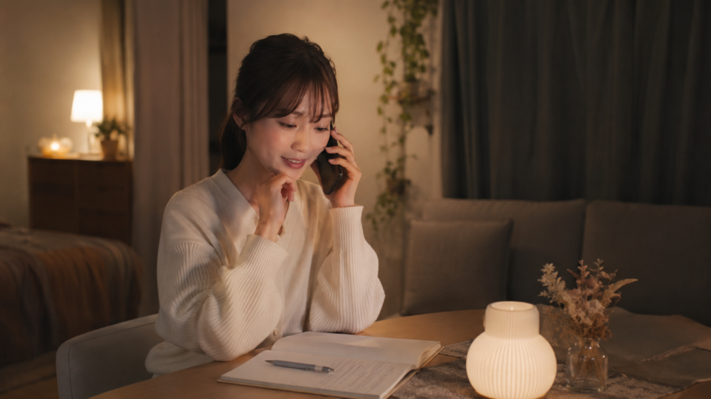 自宅でスマートフォンを使いリラックスして電話占いを受ける日本人女性