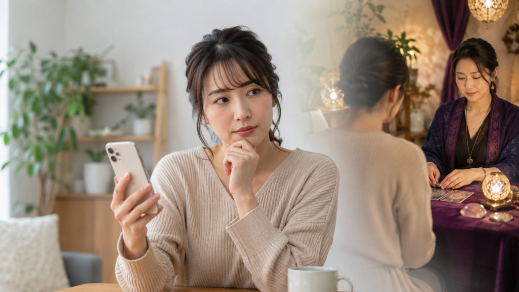 電話占いと対面占いのどっちを選ぶかスマホを手に考える日本人女性