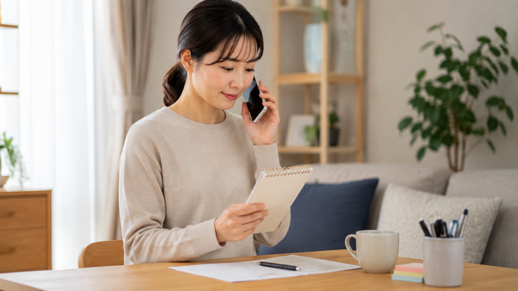 電話占い前に悩みと質問をメモして相談する女性