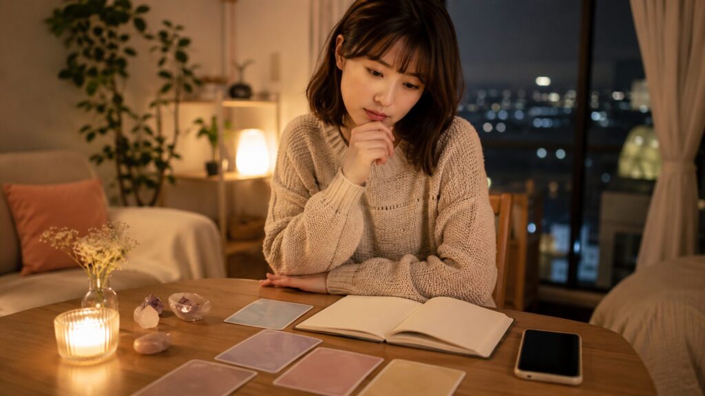 復縁占いの結果を見ながら相手との関係を考える日本人女性