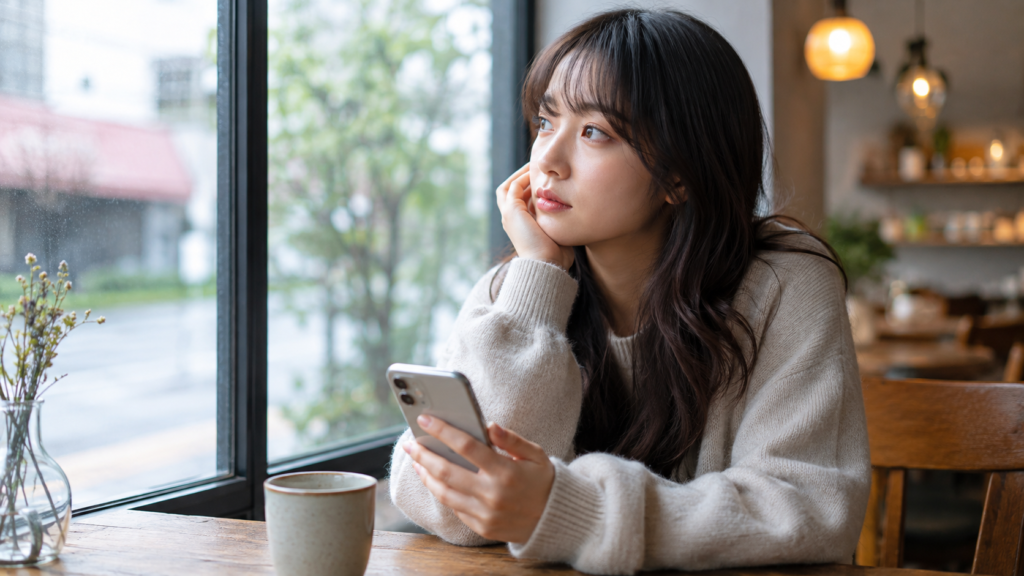 カフェで恋愛や結婚の悩みを考える20代女性
