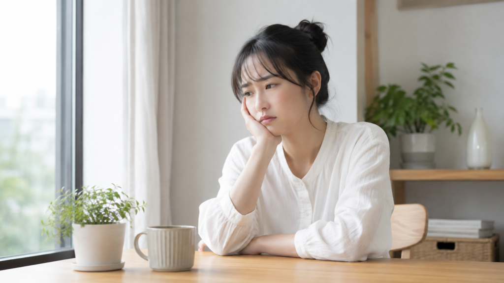 人間関係の悩みを抱えて一人で考え込む日本人女性