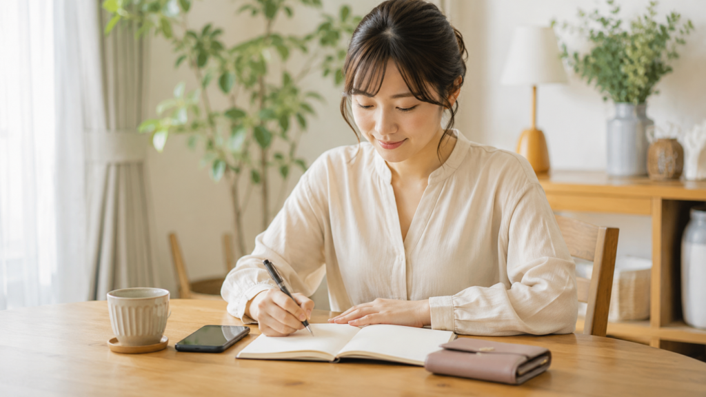 家計を見直して金運改善の行動を整理する日本人女性