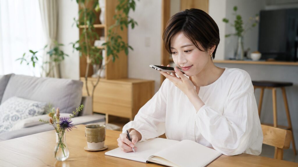 電話占いの相談内容をノートに整理する日本人女性