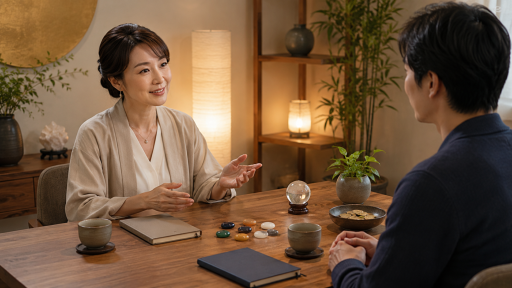 四柱推命の金運について占い師に個別相談する日本人男性