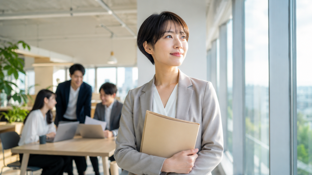 仕事運が上がるサインをイメージした職場の日本人女性