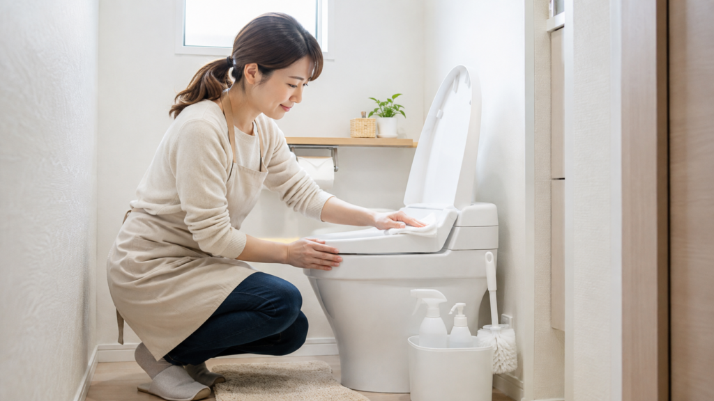 明るいトイレで便座を拭き掃除する日本人女性