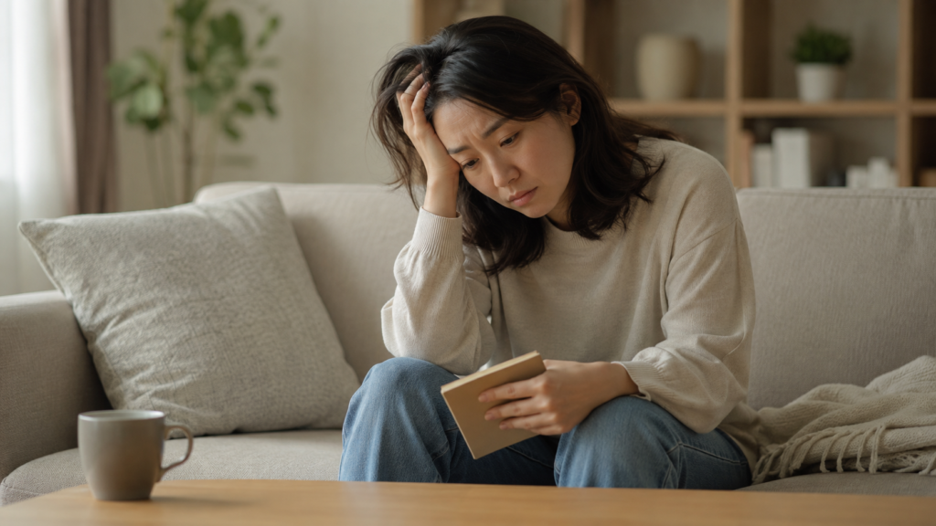 悩みが多すぎて疲れ、ソファで考え込む日本人女性