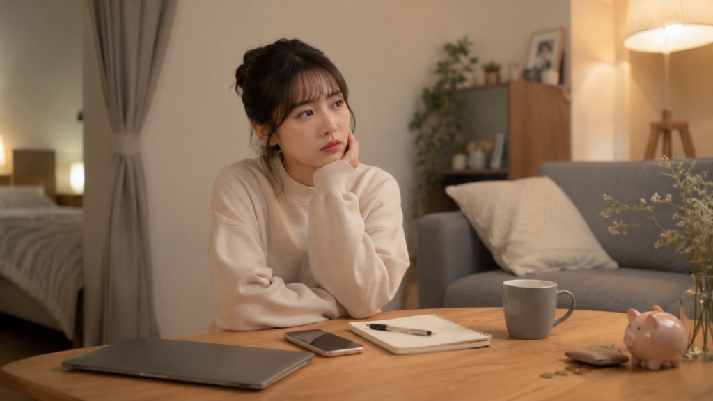 仕事やお金、将来の悩みを自宅で考える20代女性