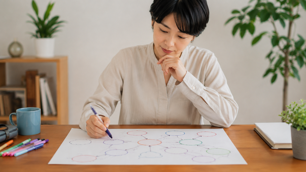 悩みの関係を図解して整理する日本人女性