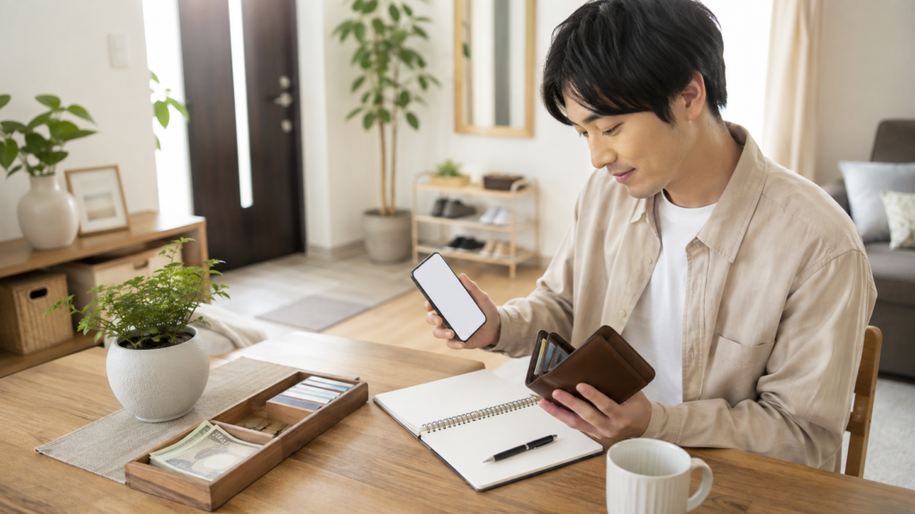 財布とスマホを整理して家計管理をする日本人男性