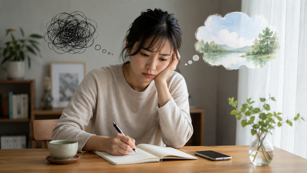 悩みを書き出して頭の中を整理する日本人女性