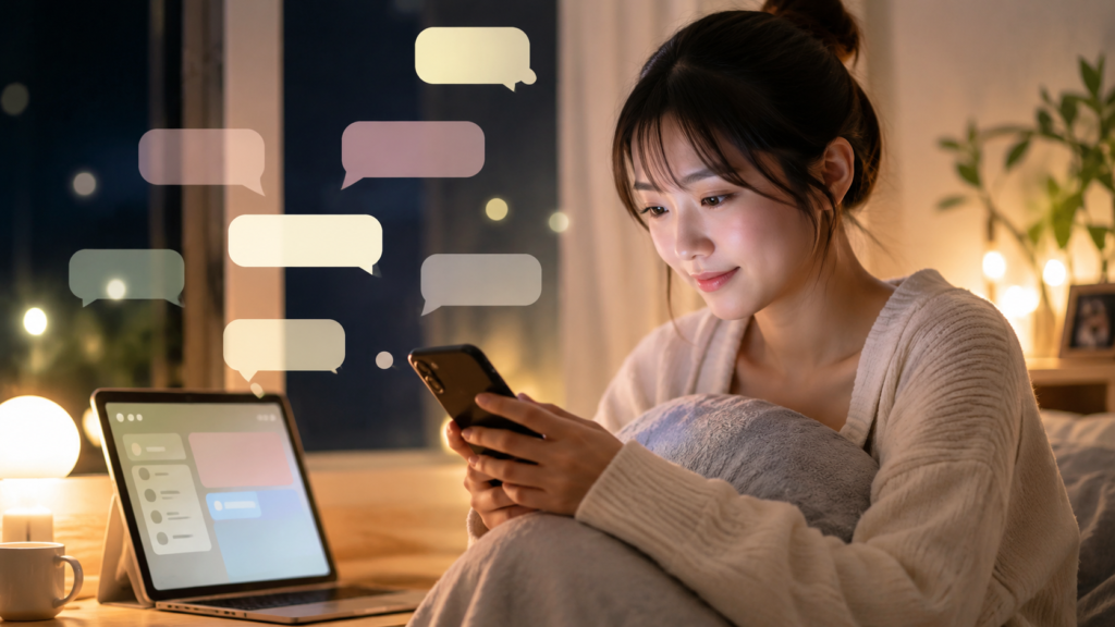 夜にスマホで匿名チャット相談を利用する日本人女性