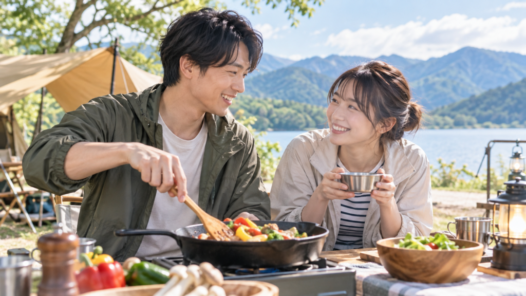 湖畔キャンプで料理を楽しむ日本人カップルと倦怠期解消の新しい体験