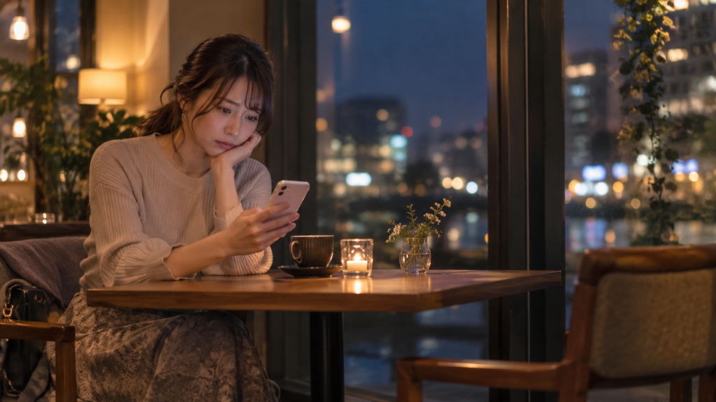 恋愛がうまくいかずスマホを見ながら悩む日本人女性