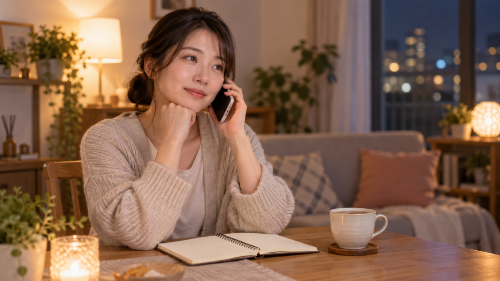 自宅で電話相談を利用する日本人女性と恋愛の倦怠期相談