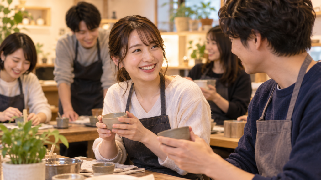 趣味の陶芸教室で自然に会話する日本人男女の出会い
