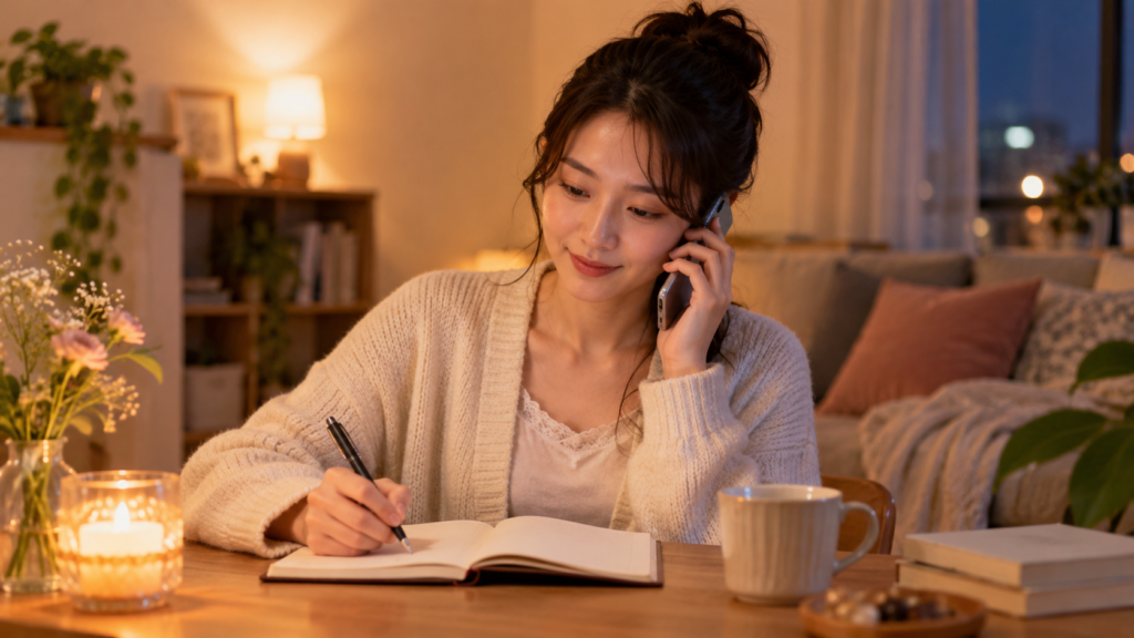 恋愛相談の電話占いを利用しながら質問をノートにまとめる日本人女性