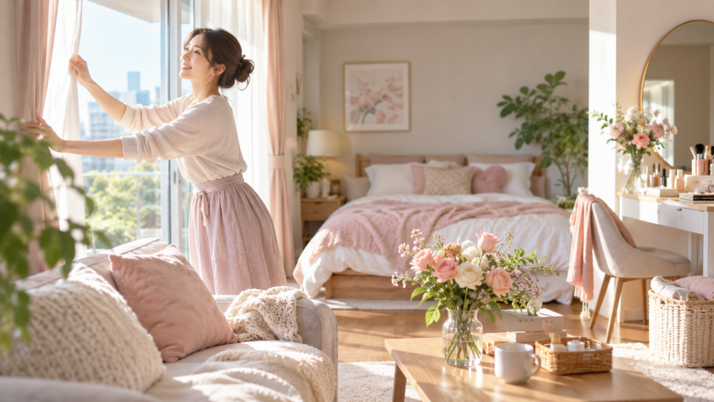 恋愛運アップのために明るく心地よい部屋を整える日本人女性