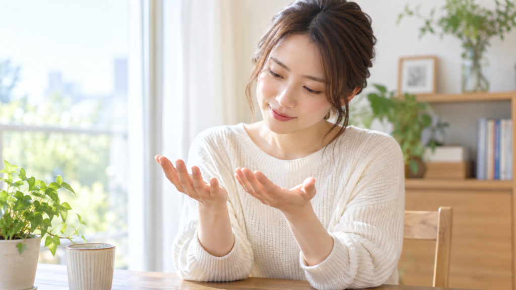 自宅で感情線や結婚線など恋愛の手相を確認する日本人女性
