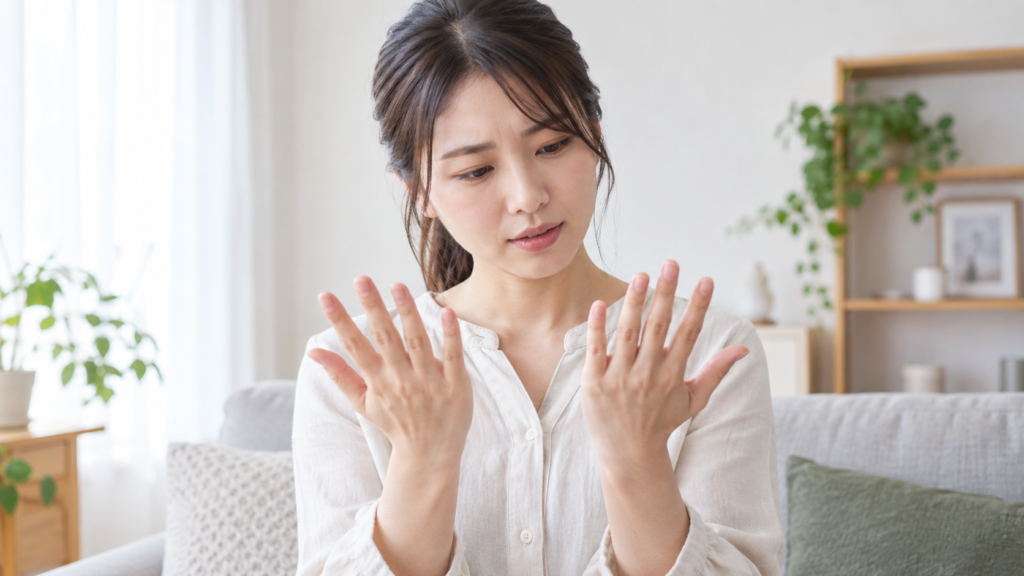 恋愛の手相占いで左右の手のひらを見比べる日本人女性
