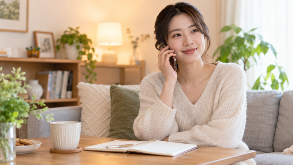 恋愛の悩みを電話で相談して気持ちを見つめる日本人女性
