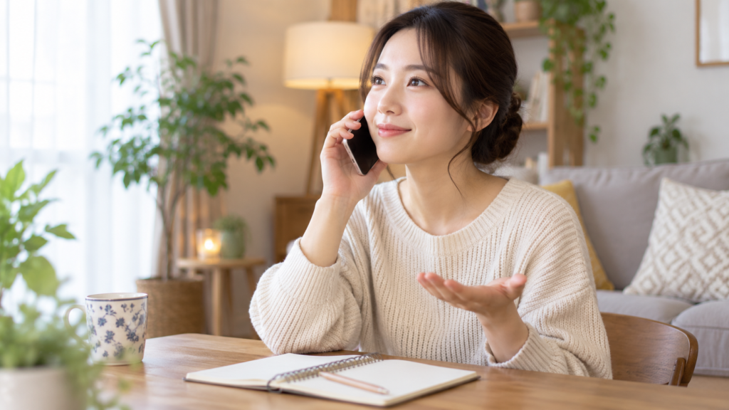 自宅から電話占いで恋愛について相談する日本人女性