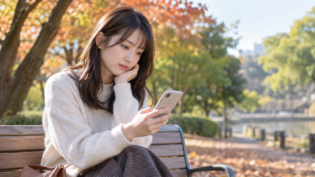会えない相手への気持ちが恋愛感情なのかスマホを見ながら考える女性