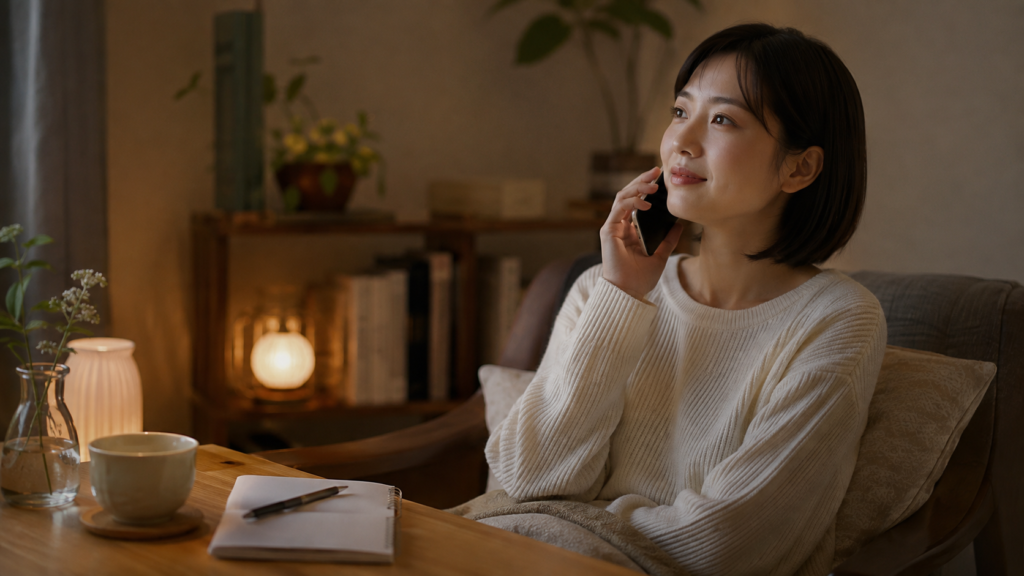自宅でスマホの有料電話相談を利用する日本人女性