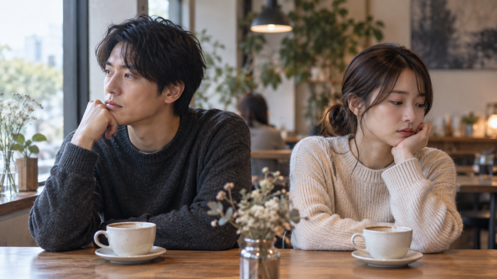 カフェで互いに視線をそらす日本人カップルと恋愛の倦怠期