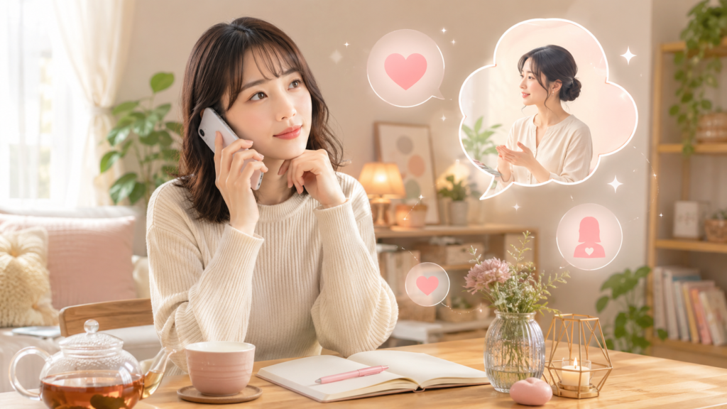 恋愛の悩みを電話で相談しながら自分の気持ちを考える日本人女性