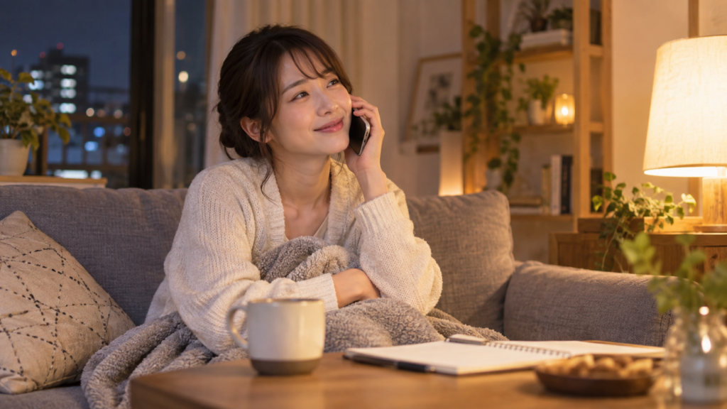 自宅から電話で恋愛の悩みや自分の気持ちを相談する日本人女性