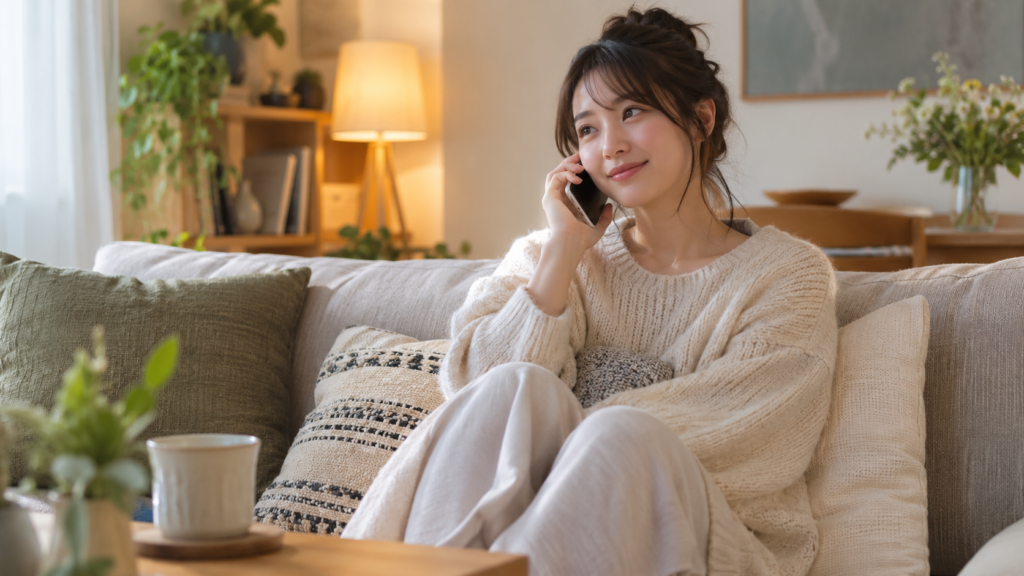 恋愛感情がわからない悩みを自宅から電話で相談する女性