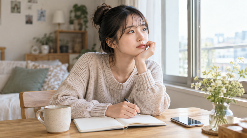 恋愛感情がわからず自分の気持ちをノートに書きながら考える女性