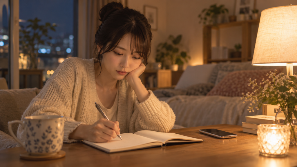 恋愛相手と会った後の気持ちをノートに書き出す日本人女性